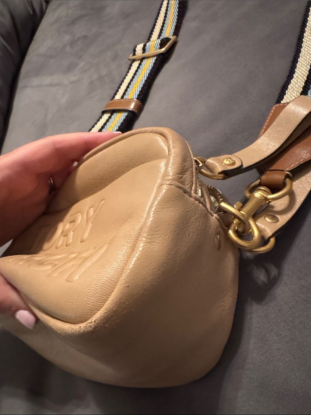 Tory Burch Beige Leather Belt Bag with Striped Strap - Picture 3 of 9